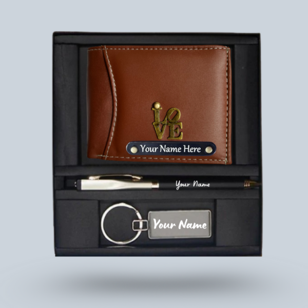 Customised Wallet, Pen & Metal Keychain