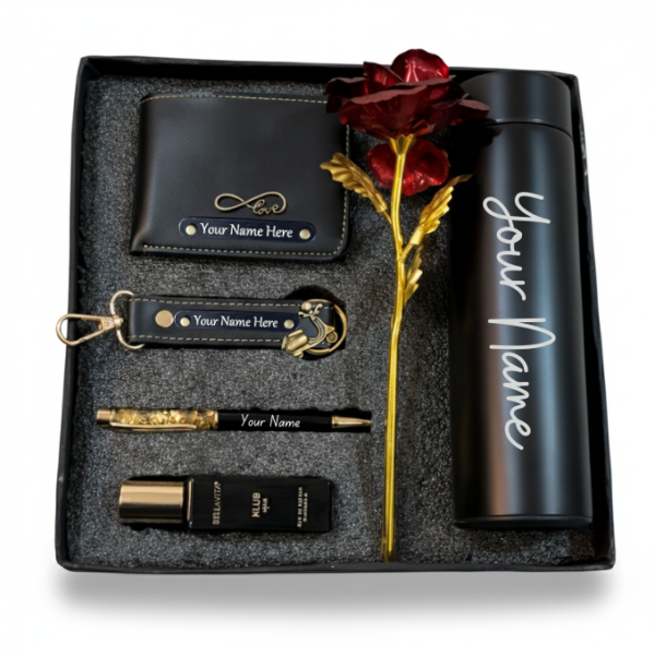 Customised Wallet, Keychain, Pen, perfume Temprature Bottle & Metallic Rose