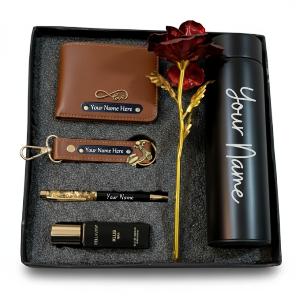 Customised Wallet, Keychain, Pen, perfume Temprature Bottle & Metallic Rose